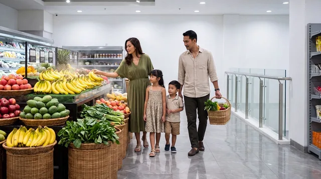 supermarket, shopping, familj, grönsaker, frukt, föräldrar, barn, bananer, kundkorg, familjetid, ekologisk frukt, livsstil, inredning, tillsammans, glad, färsk, samarbete. Så påverkar säsong och helgdagar försäljningen